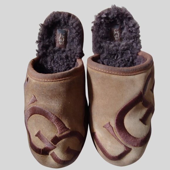 UGG SCUFF LOGO CHESTNUT ESPRESSO SUEDE SHEEPSKIN SLIP-ON SLIPPERS SIZE 9.5 - Picture 2 of 10